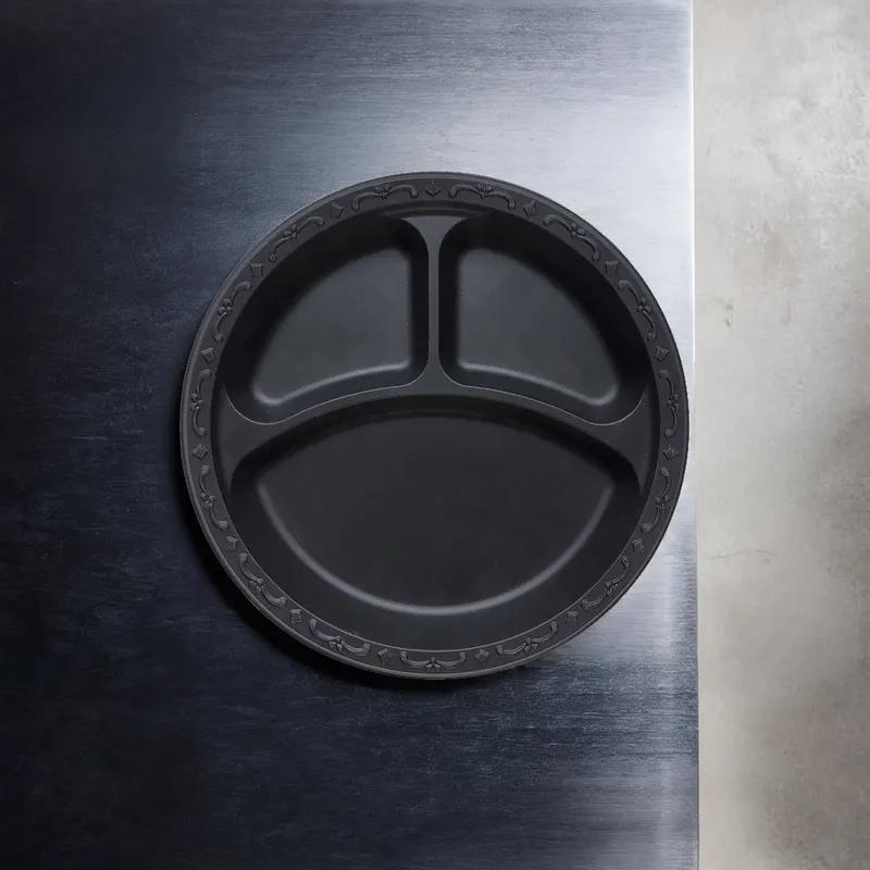 Pebble Box Plate 10.25 IN 3 Compartment PP Black Microwave Safe Grease Resistant 400/Case