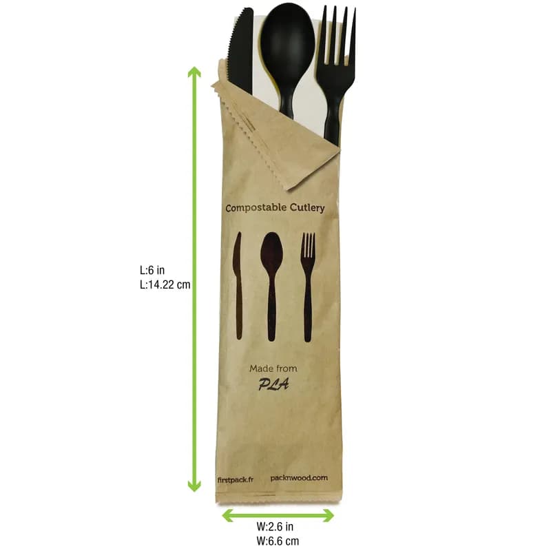 4PC Cutlery Kit 6 IN CPLA Kraft Paper Black 50 Count/Pack 5 Packs/Case 250 Count/Case
