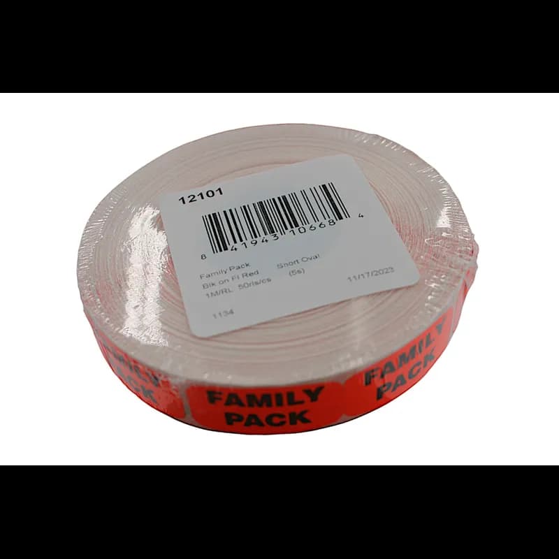Family Pack Label 0.625X1.25 IN Black Fluorescent Red Short Oval 1000 Count/Roll 50 Rolls/Case 50000 Count/Case