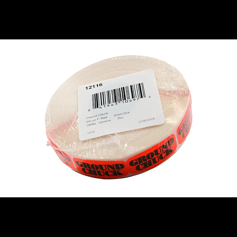 Ground Chuck Label 0.625X1.25 IN Black Fluorescent Red Short Oval 1000 Count/Roll 50 Rolls/Case 50000 Count/Case