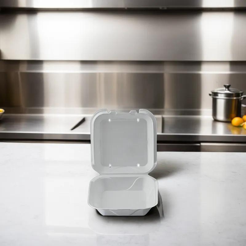 Take-Out Container Hinged 9X9X3 IN Polystyrene Foam White Square Vented 200/Case