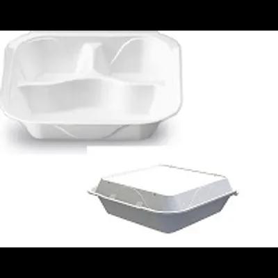 Take-Out Container Hinged 9X9X3 IN 3 Compartment Polystyrene Foam White Square Vented 200/Case