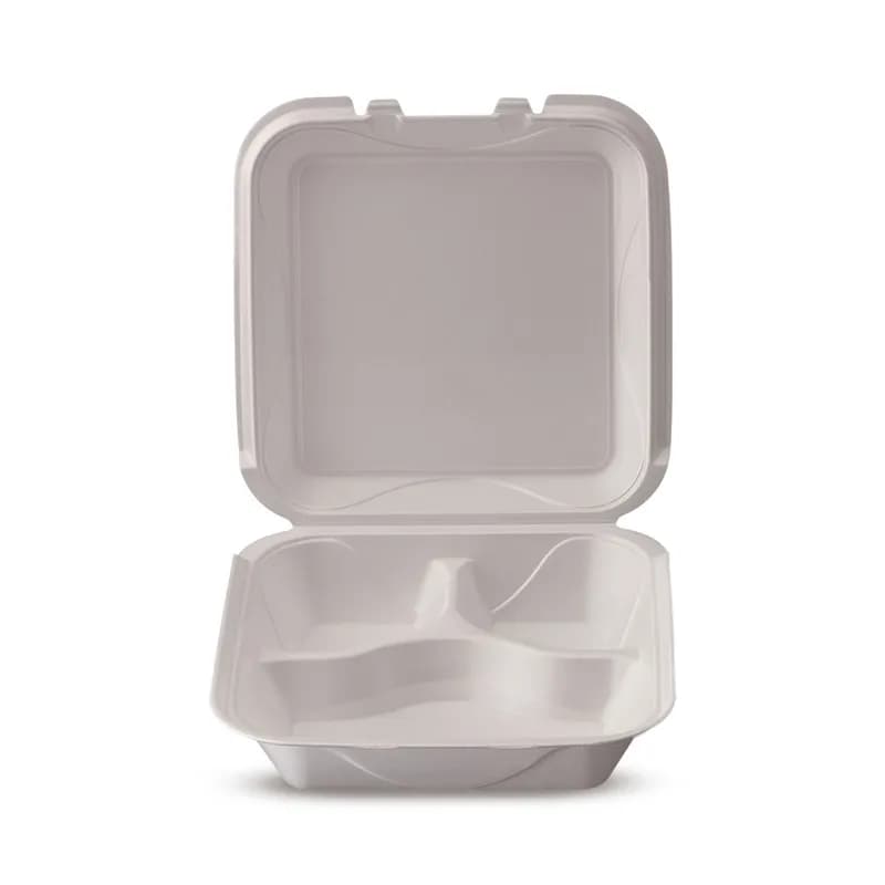 Take-Out Container Hinged 9X9X3.1 IN 3 Compartment Polystyrene Foam Square 200/Case
