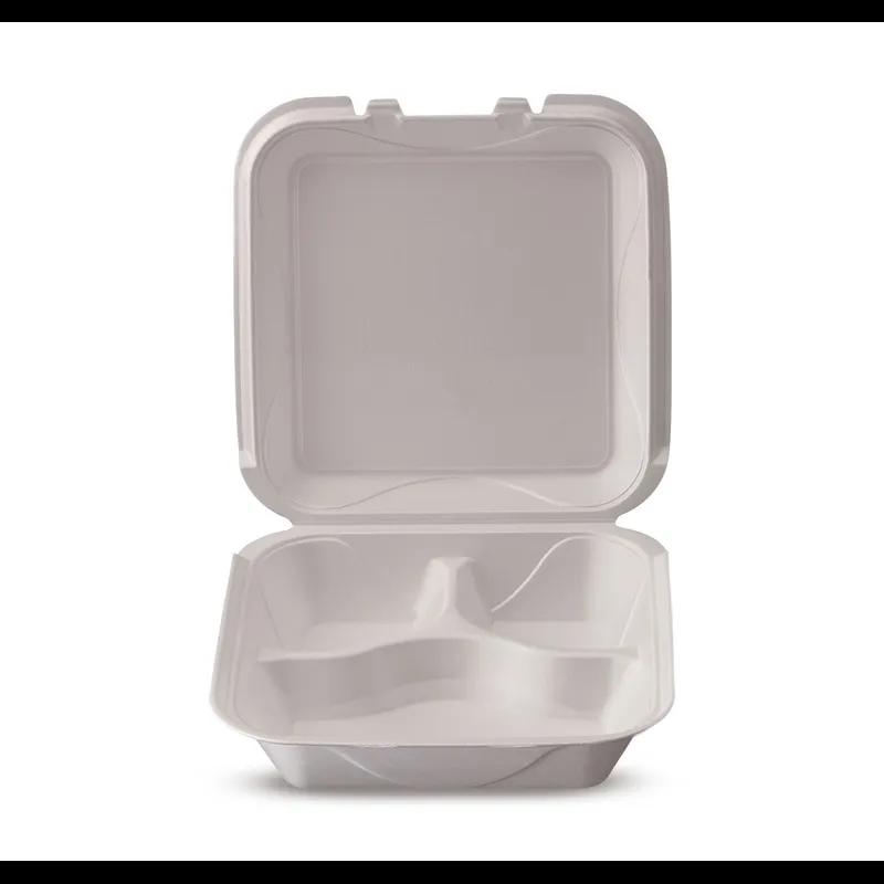 Take-Out Container Hinged 9X9X3.1 IN 3 Compartment Polystyrene Foam Square 200/Case