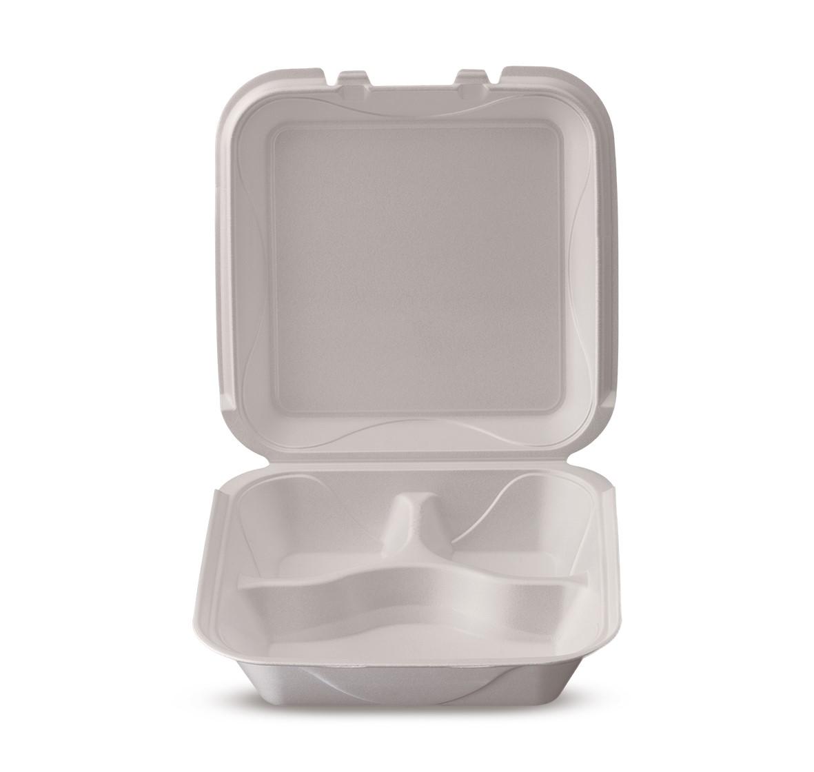 Take-Out Container Hinged 9X9X3.1 IN 3 Compartment Polystyrene Foam Square 200/Case