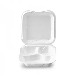 Take-Out Container Hinged Medium (MED) 8X8X3 IN 3 Compartment Polystyrene Foam White Square 200/Case