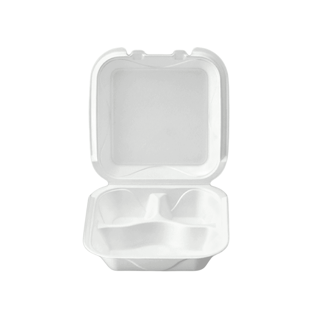 Take-Out Container Hinged Medium (MED) 8X8X3 IN 3 Compartment Polystyrene Foam White Square 200/Case