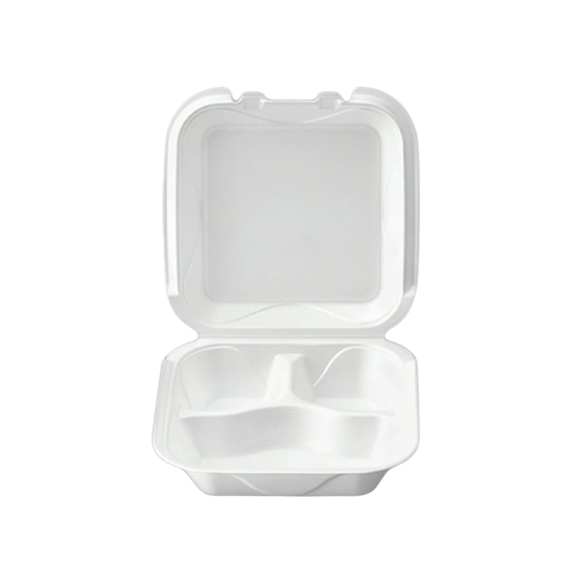 Take-Out Container Hinged Medium (MED) 8X8X3 IN 3 Compartment Polystyrene Foam White Square 200/Case