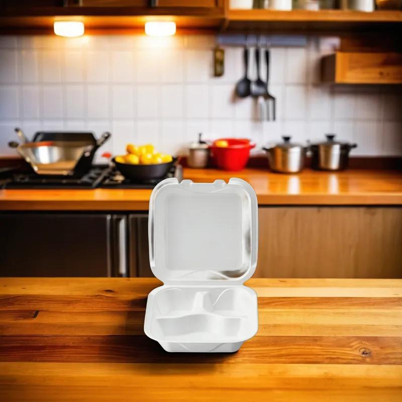 Take-Out Container Hinged Medium (MED) 8X8X3 IN 3 Compartment Polystyrene Foam White Square 200/Case