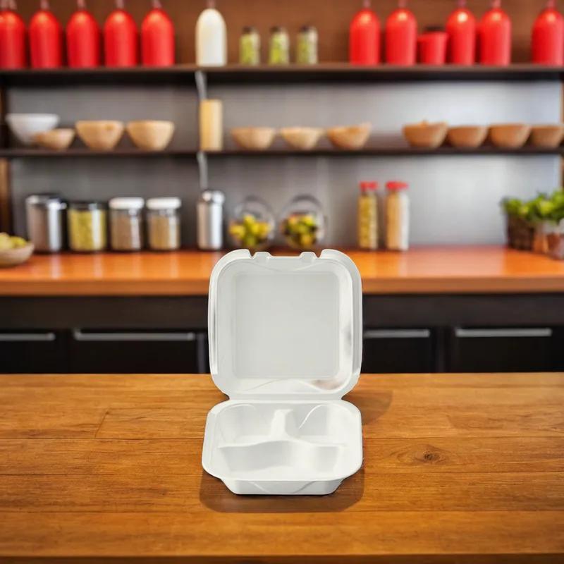 Take-Out Container Hinged Medium (MED) 8X8X3 IN 3 Compartment Polystyrene Foam White Square 200/Case