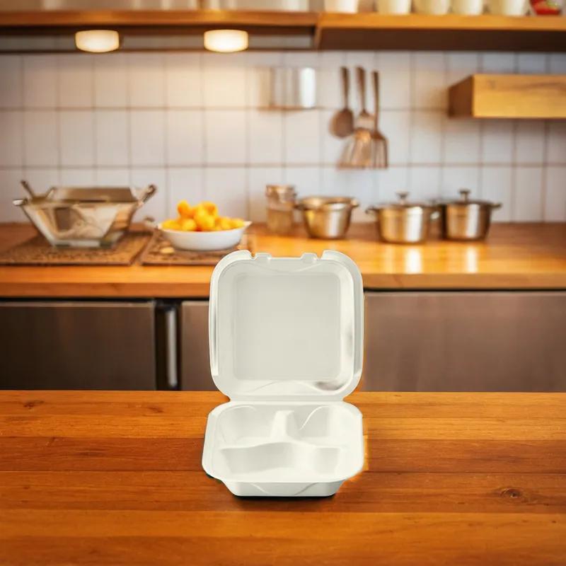 Take-Out Container Hinged Medium (MED) 8X8X3 IN 3 Compartment Polystyrene Foam White Square 200/Case