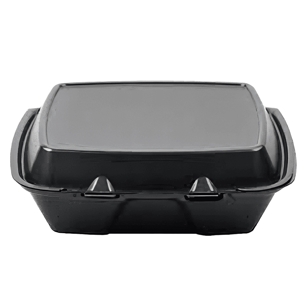 Take-Out Container Hinged With Dome Lid 9X9X3 IN Polystyrene Foam Black Square 200/Case