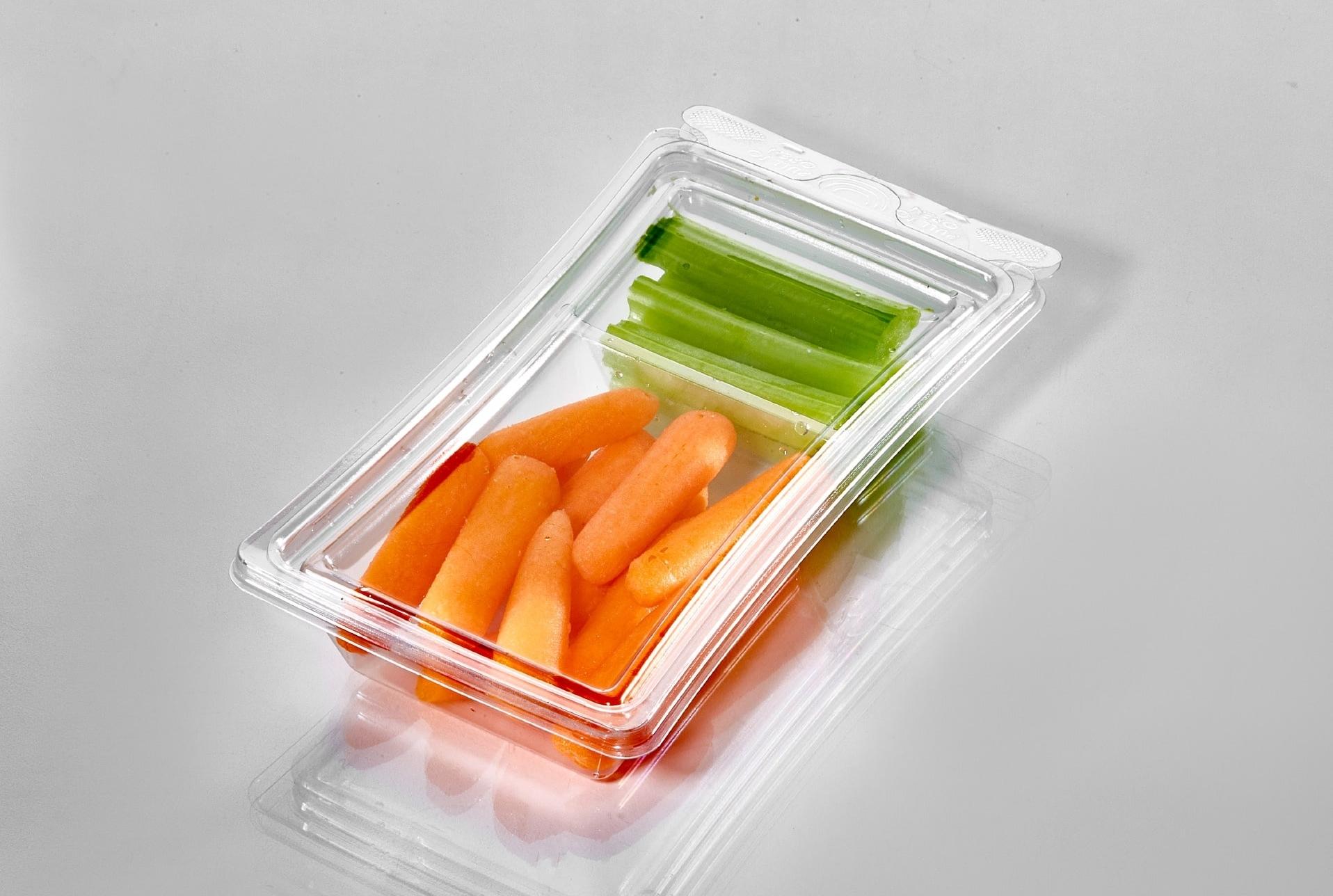 Fresh N' Sealed® Deli Container Hinged With Flat Lid Small (SM) 6.5 OZ 2 Compartment PET Clear Rectangle 336/Case