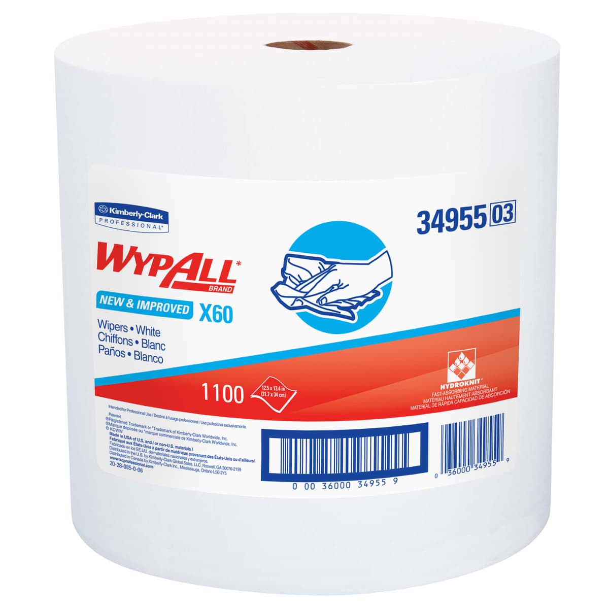 WypAll® X60 Cleaning Wipe 12.4X12.2 IN HydroKnit White Jumbo Roll 1100 Sheets/Roll 1 Rolls/Case 1100 Sheets/Case