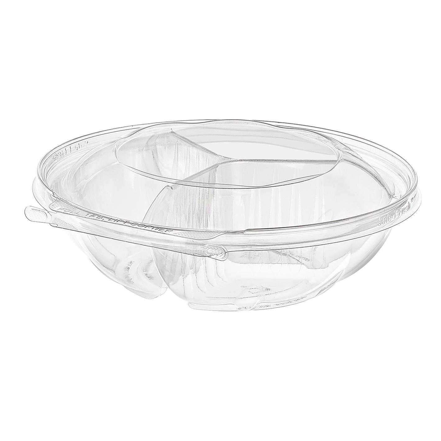 Safe-T-Fresh® Deli Container Hinged With Dome Lid 52 OZ 3 Compartment RPET Clear Round 100/Case