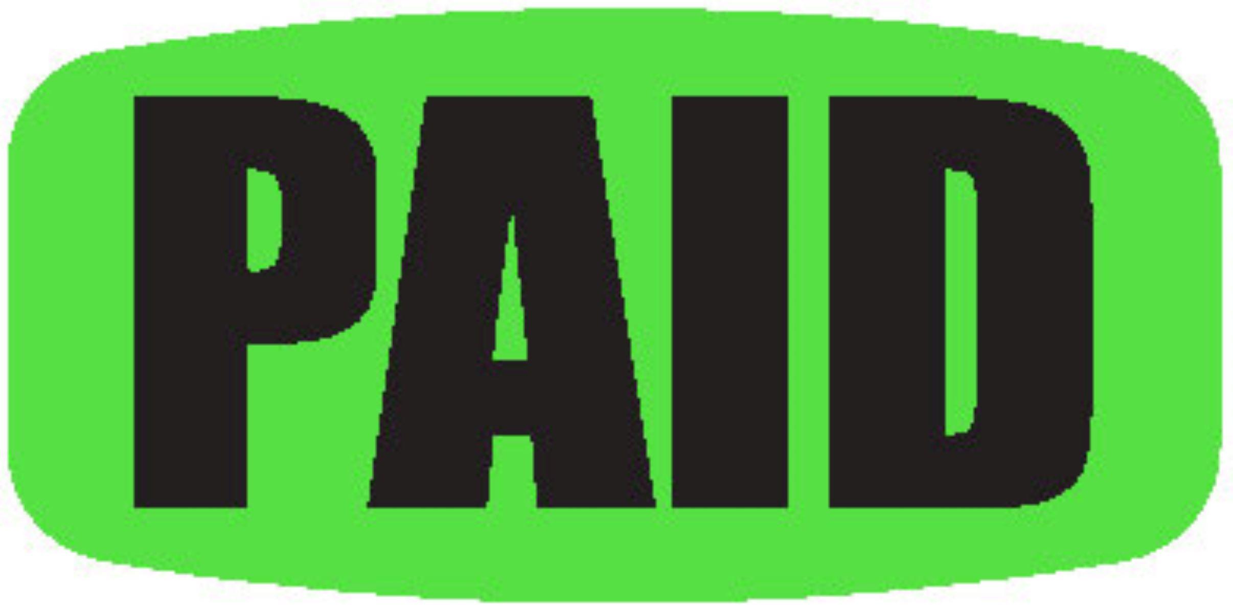 Paid Label 0.625X1.25 IN Black Fluorescent Green Short Oval 1000 Count/Roll 60 Rolls/Case 60000 Count/Case