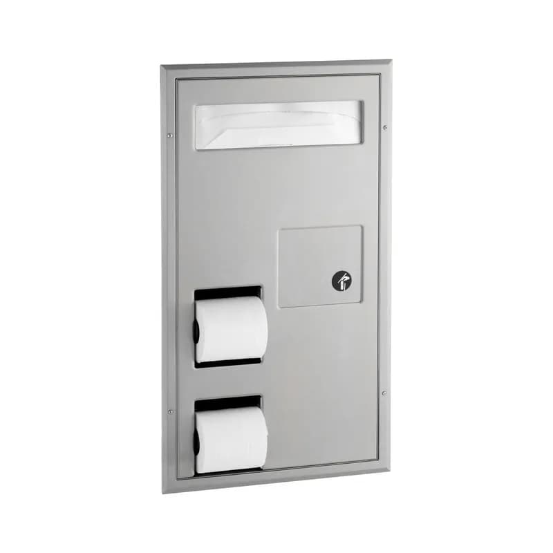 Toilet Paper & Toilet Seat Cover Dispenser Stainless Steel Partition Satin Double Roll W/Sanitary Napkin Disposal 1/Each