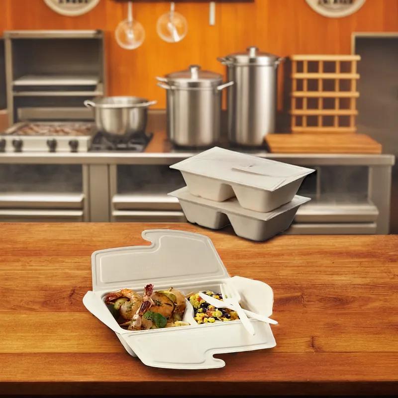 Take-Out Container Fold-Top With Flat Lid 5.8X8.3X2.08 IN 2 Compartment Pulp Fiber Kraft Rectangle Fold-Down 150/Case