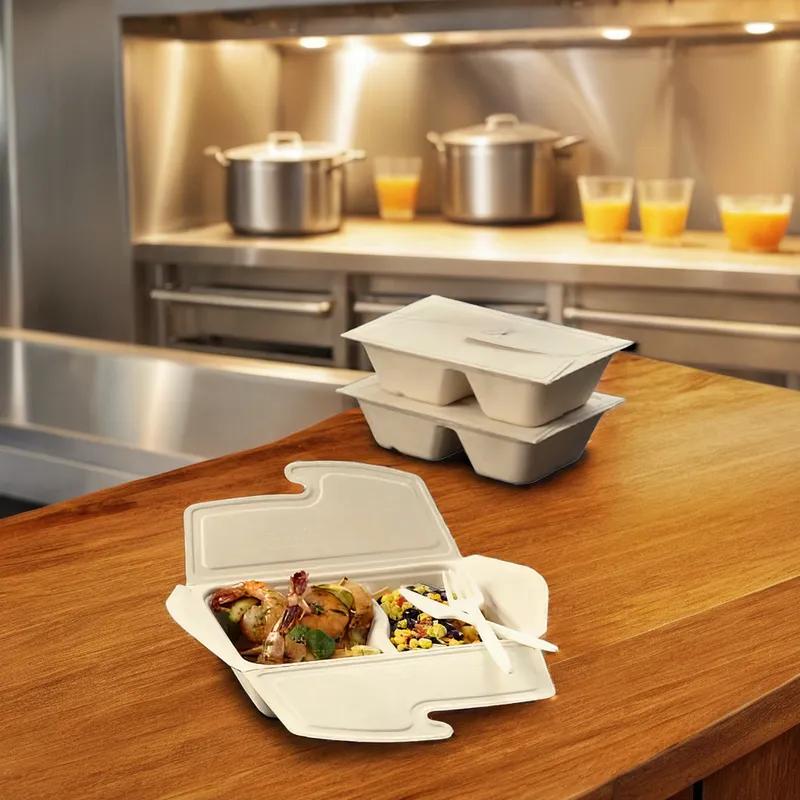 Take-Out Container Fold-Top With Flat Lid 5.8X8.3X2.08 IN 2 Compartment Pulp Fiber Kraft Rectangle Fold-Down 150/Case