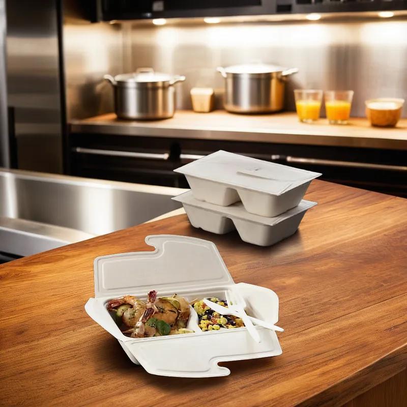 Take-Out Container Fold-Top With Flat Lid 5.8X8.3X2.08 IN 2 Compartment Pulp Fiber Kraft Rectangle Fold-Down 150/Case