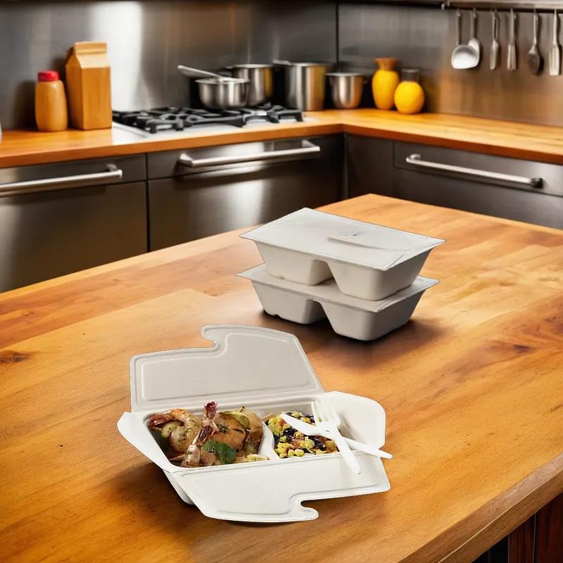 Take-Out Container Fold-Top With Flat Lid 5.8X8.3X2.08 IN 2 Compartment Pulp Fiber Kraft Rectangle Fold-Down 150/Case