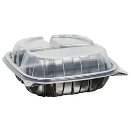 Take-Out Container Hinged With Dome Lid 8X8X3 IN 3 Compartment PP Black Clear Square 138/Case