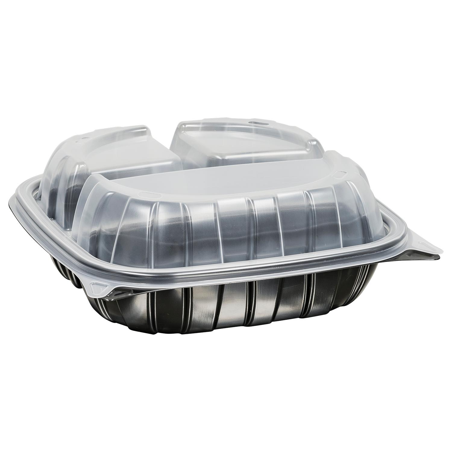 Take-Out Container Hinged With Dome Lid 8X8X3 IN 3 Compartment PP Black Clear Square 138/Case