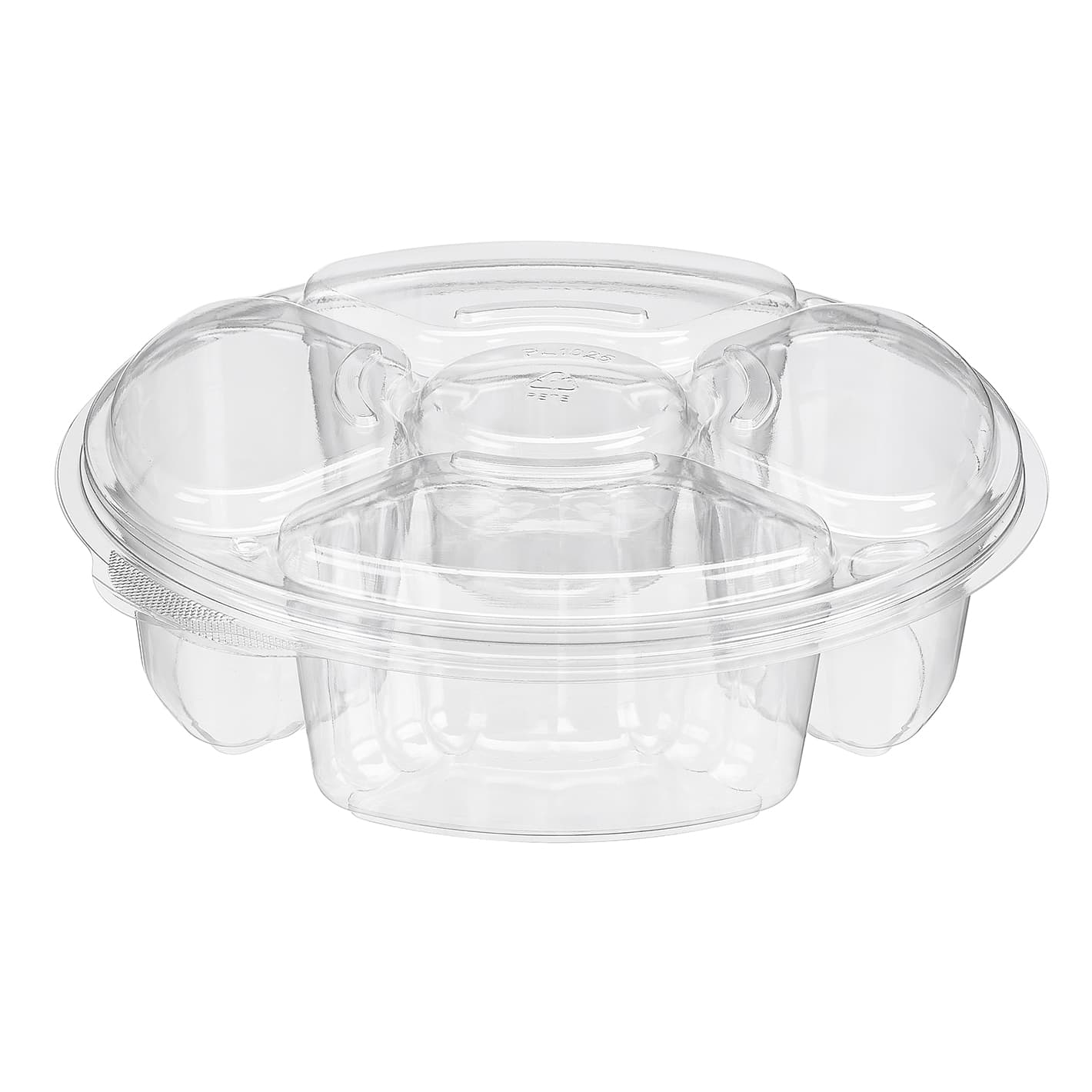 Essentials Deli Container Base & Lid Combo With Flat Lid 65 OZ 5 Compartment RPET Clear Round 100/Case