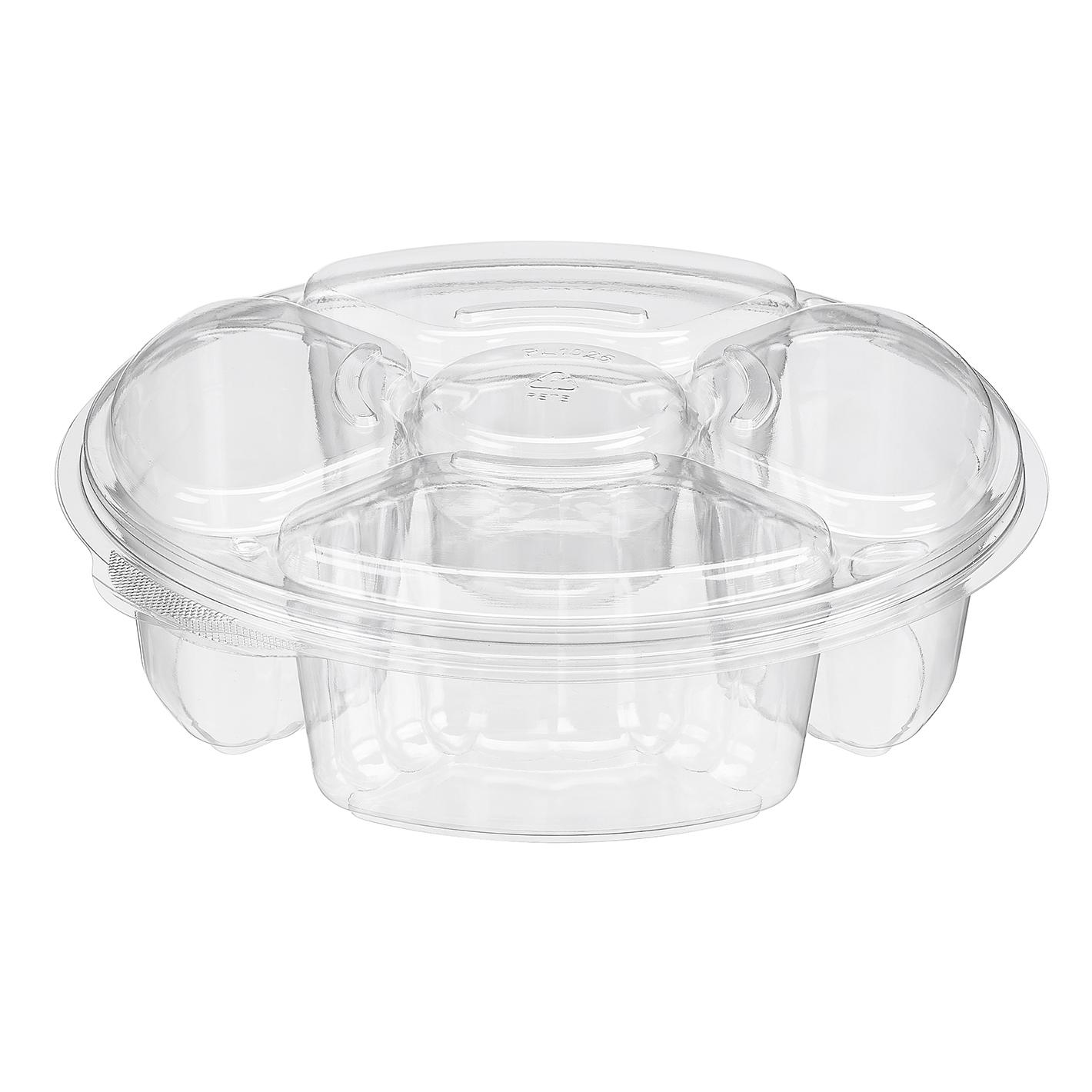 Essentials Deli Container Base & Lid Combo With Flat Lid 65 OZ 5 Compartment RPET Clear Round 100/Case