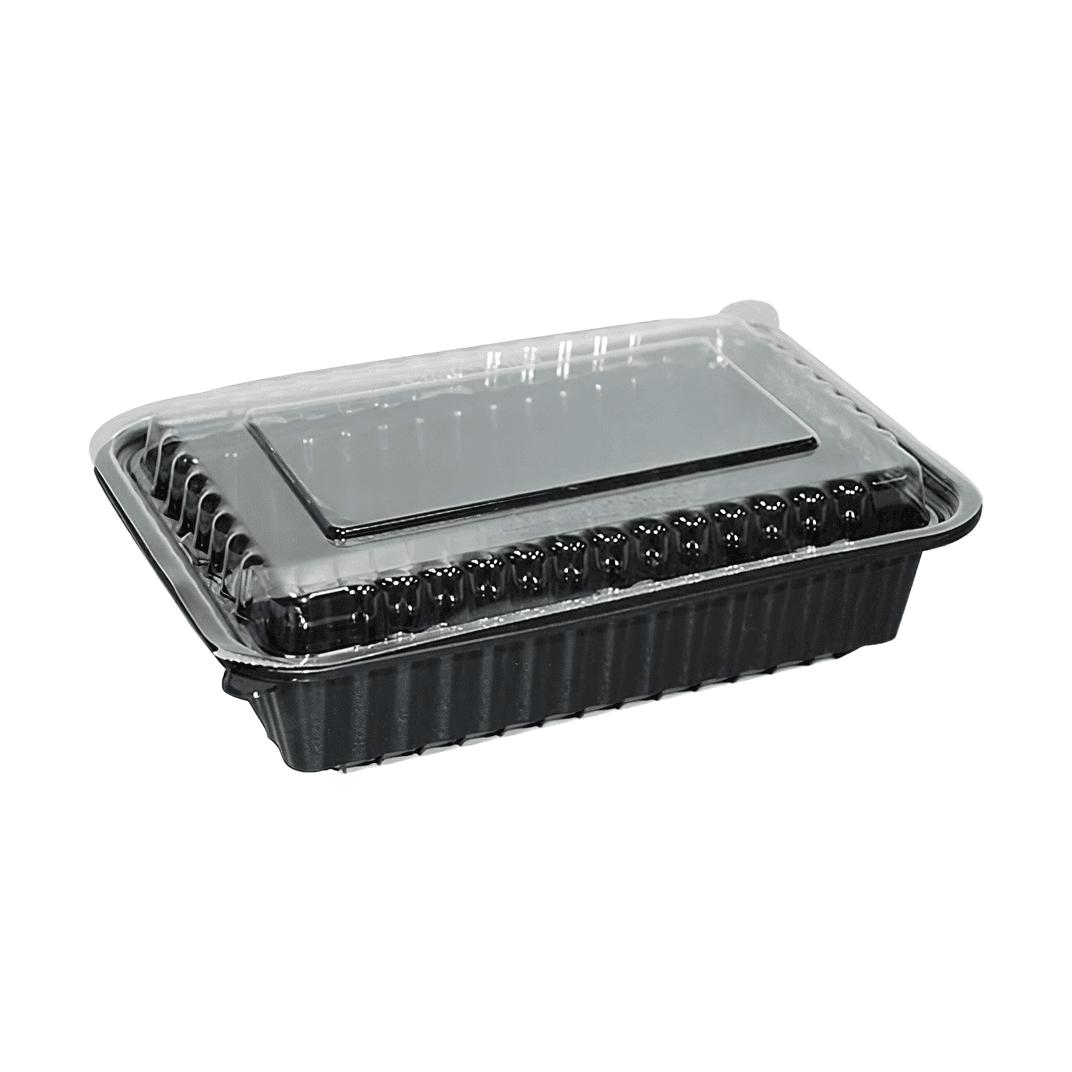 Take-Out Container Base & Lid Combo With Dome Lid 38 OZ Plastic Black Oblong 150/Case