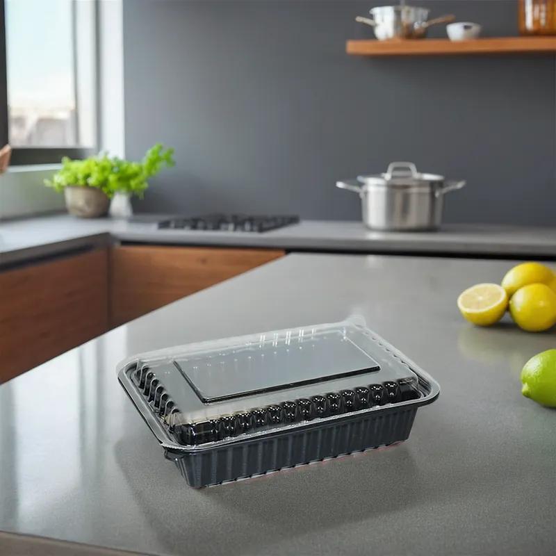 Take-Out Container Base & Lid Combo With Dome Lid 38 OZ Plastic Black Oblong 150/Case