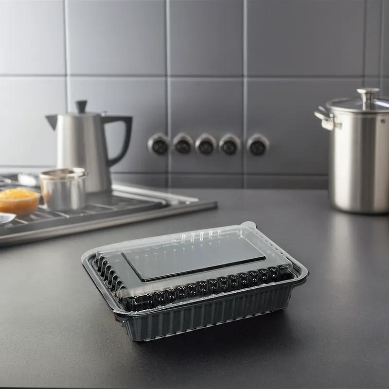 Take-Out Container Base & Lid Combo With Dome Lid 38 OZ Plastic Black Oblong 150/Case