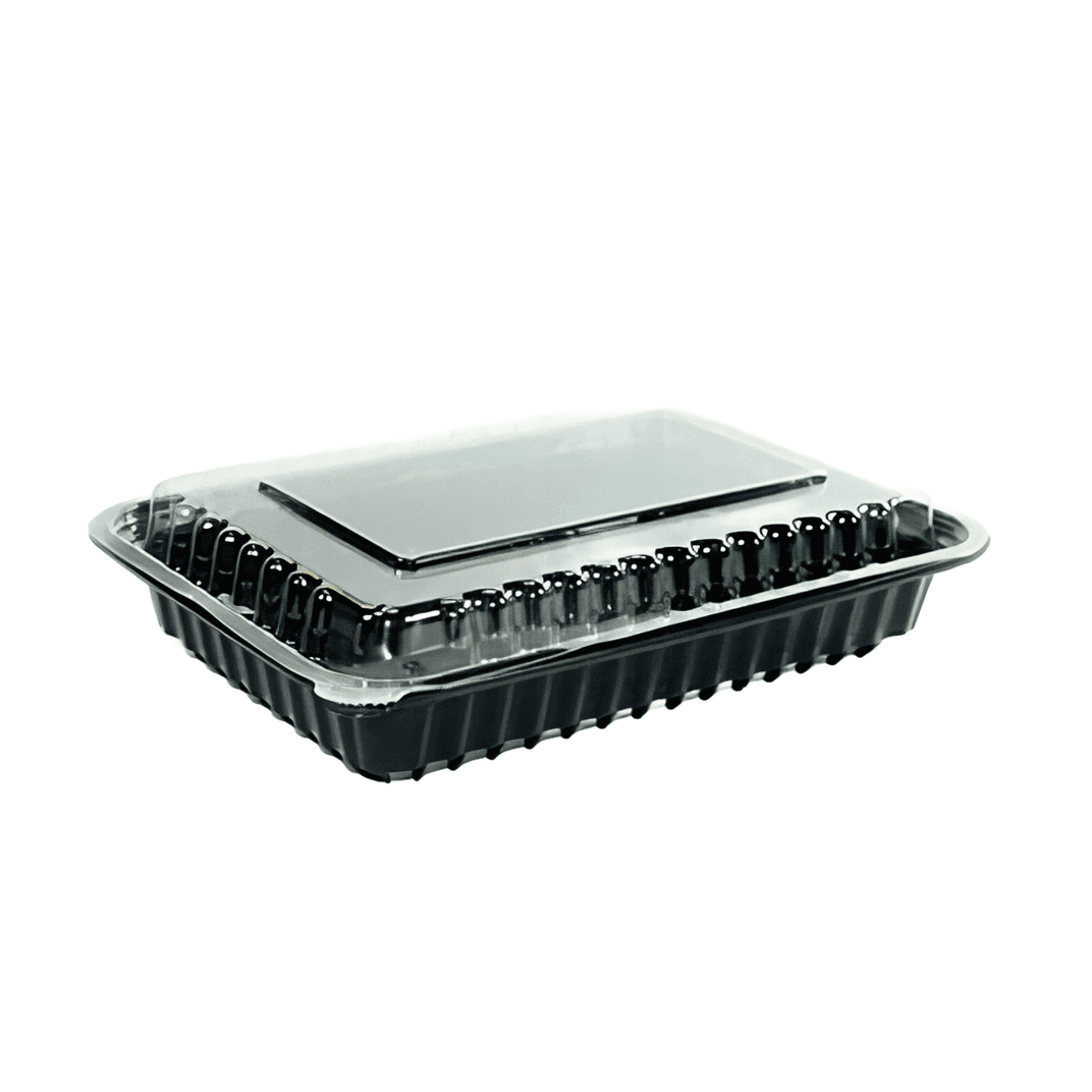 Take-Out Container Base & Lid Combo With Dome Lid 28 OZ Plastic Black Oblong 150/Case