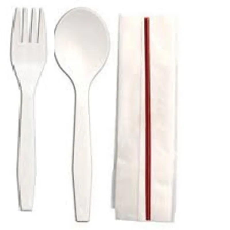 Victoria Bay 4PC Cutlery Kit PP White Medium Weight With Napkin,Fork,Milk Straw,Soup Spoon 500/Case