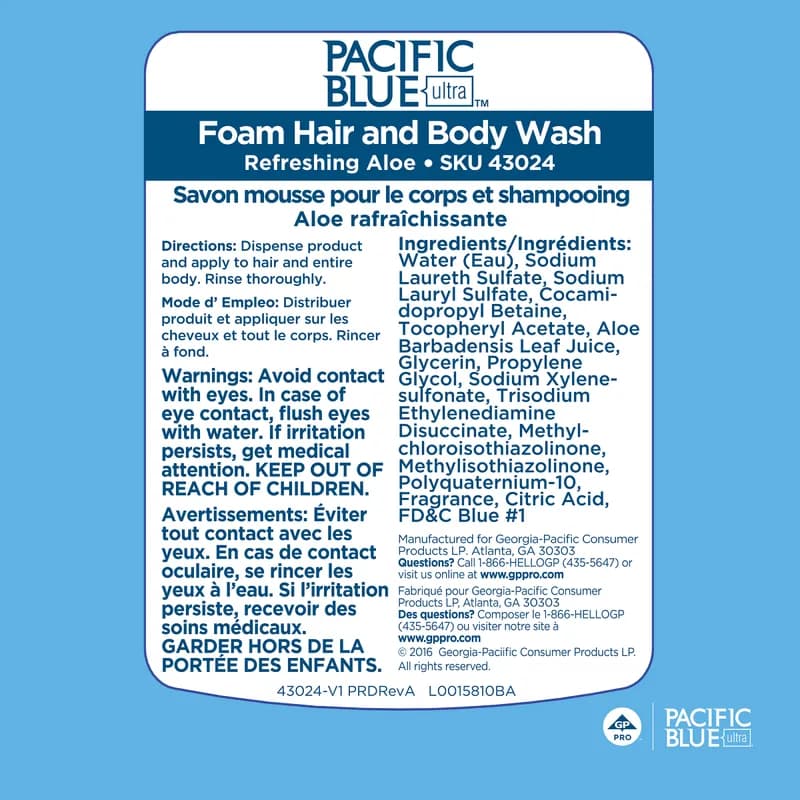 Pacific Blue Ultra™ Hair & Body Wash Liquid 1200 mL Aloe Vera Blue Manual Dispenser Refill 4/Case