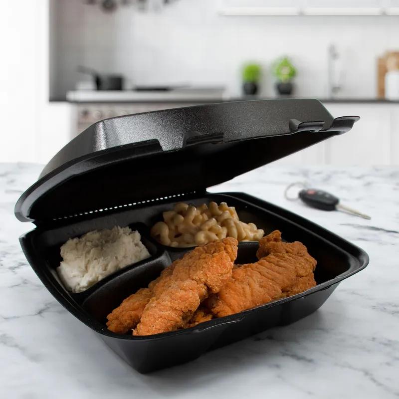 Dart® Take-Out Container Hinged 9.4X9.01X3.1 IN 3 Compartment XPS Black Insulated Convertible 100 Count/Pack 2 Packs/Case