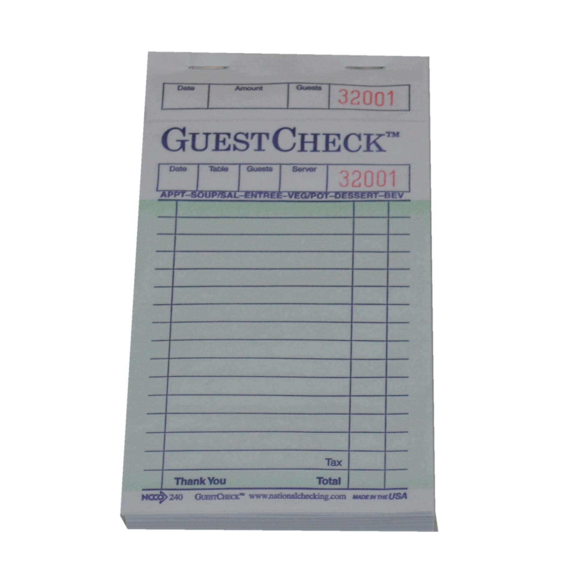 Guest Check 3.5X6.75 IN Paper Green Single 100 Count/Pack 50 Count/Case