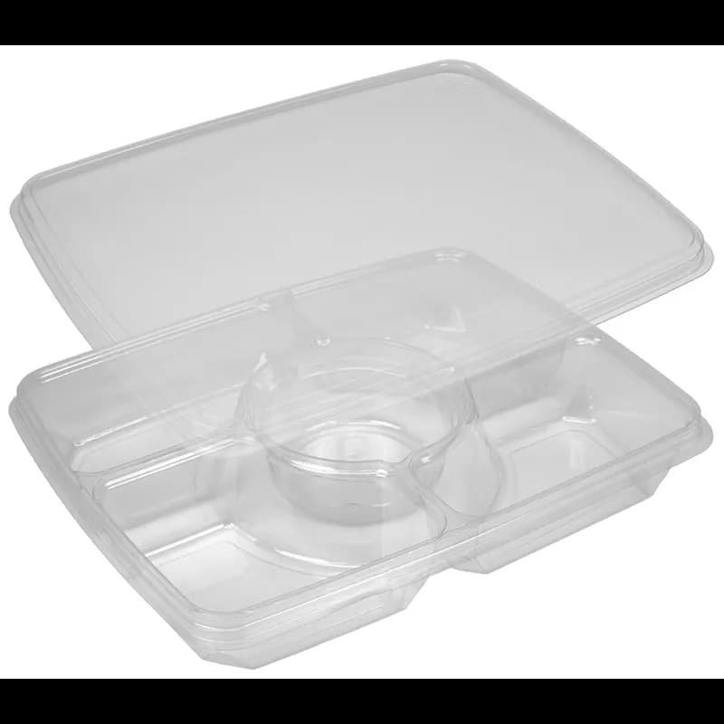 Serving Tray Base & Lid Combo 14X11X2.25 IN 4 Compartment PET Clear With Dip Cup 60/Case