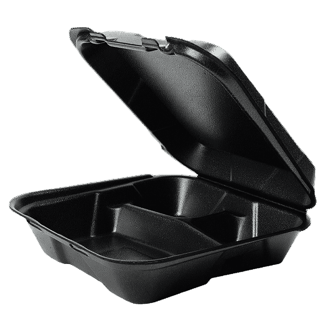 Snap-it Take-Out Container Hinged 9.25X9.25X3 IN 3 Compartment Polystyrene Foam Black Square 200/Case
