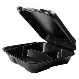 Snap-it Take-Out Container Hinged 9.25X9.25X3 IN 3 Compartment Polystyrene Foam Black Square 200/Case