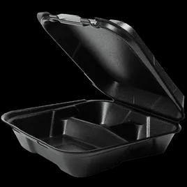 Snap-it Take-Out Container Hinged 9.25X9.25X3 IN 3 Compartment Polystyrene Foam Black Square 200/Case