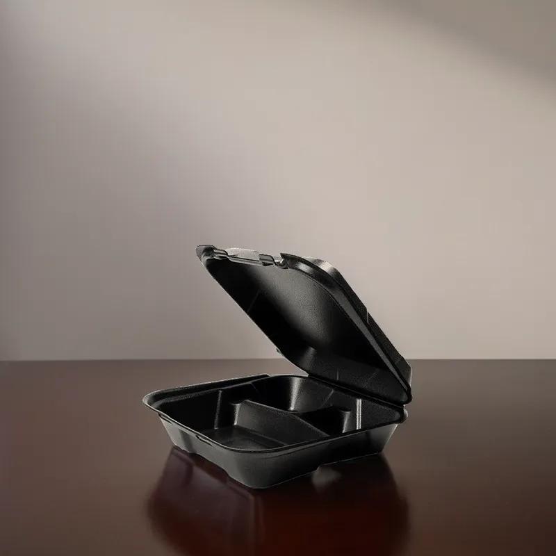 Snap-it Take-Out Container Hinged 9.25X9.25X3 IN 3 Compartment Polystyrene Foam Black Square 200/Case
