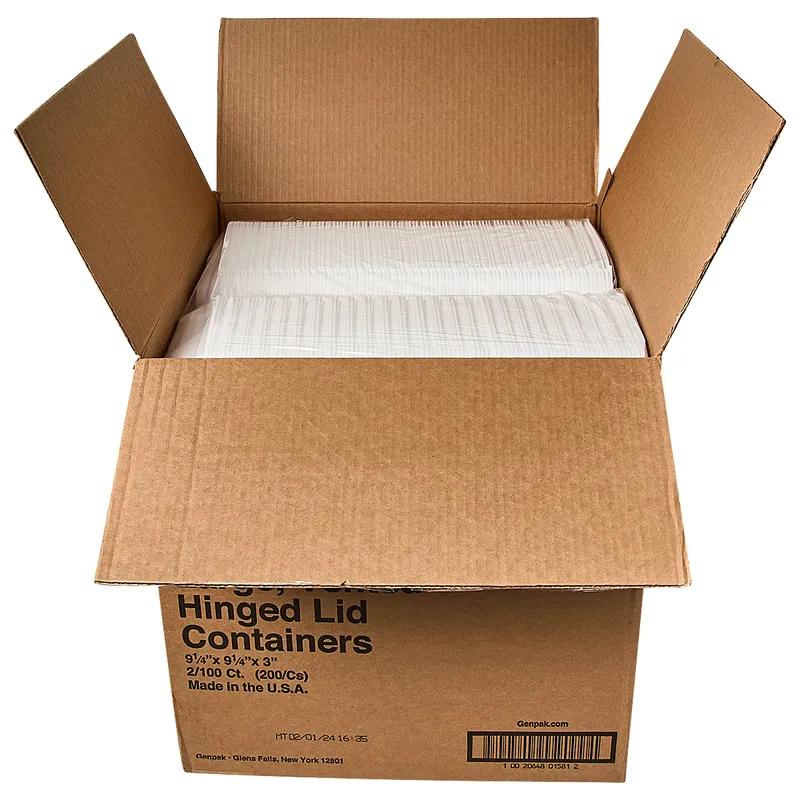Take-Out Container Hinged Large (LG) 9.25X9.25X3 IN Polystyrene Foam White Square Vented 200/Case