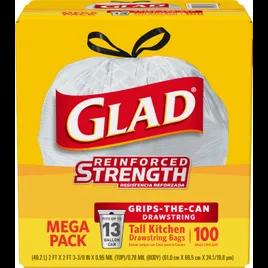 Glad® Kitchen Bag 13 GAL White Plastic With Drawstring Closure 100 Count/Pack 4 Packs/Case 400 Count/Case