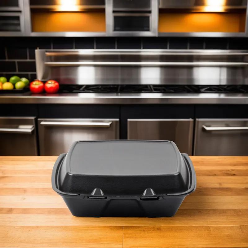 Darnel Naturals® Take-Out Container Hinged With Dome Lid 9X9 IN Polystyrene Foam Black Square 200/Case