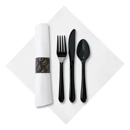 CaterWrap® FashNpoint® 4PC Cutlery Kit Plastic Black Heavy Duty Pre-Rolled With White 7.75X7.75 Napkin,Fork,Knife,Spoon 100/Case