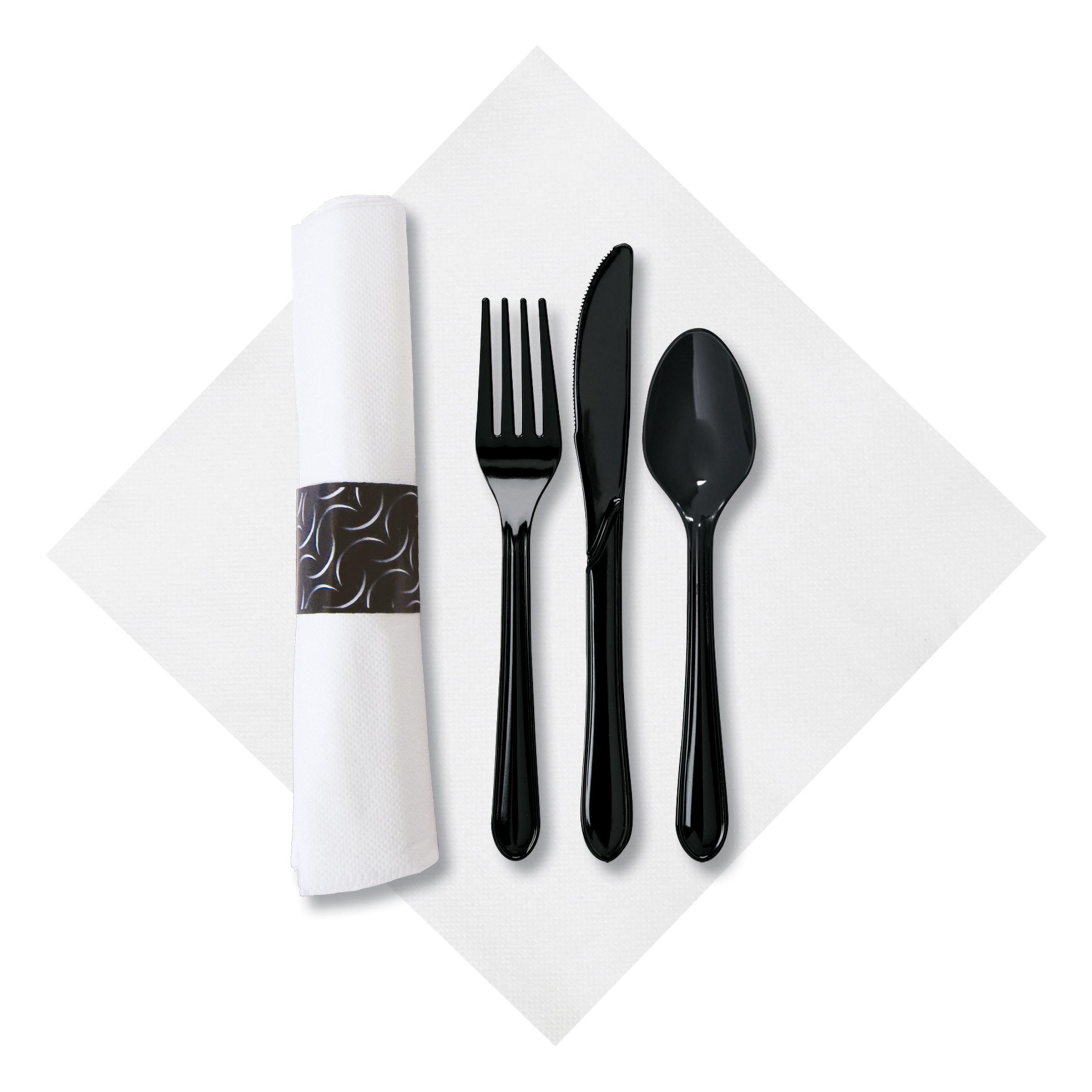 CaterWrap® FashNpoint® 4PC Cutlery Kit Plastic Black Heavy Duty Pre-Rolled With White 7.75X7.75 Napkin,Fork,Knife,Spoon 100/Case
