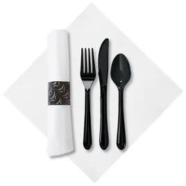 CaterWrap® FashNpoint® 4PC Cutlery Kit Plastic Black Heavy Duty Pre-Rolled With White 7.75X7.75 Napkin,Fork,Knife,Spoon 100/Case