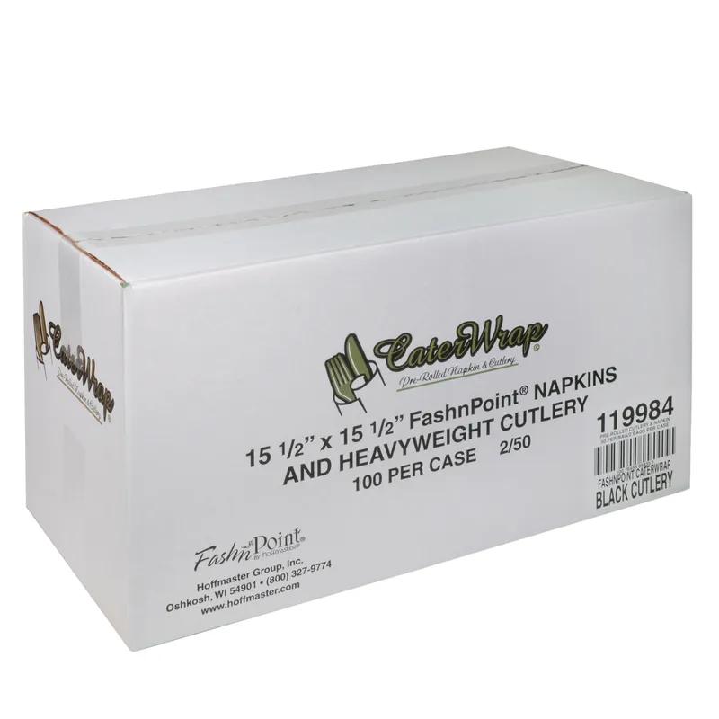 CaterWrap® FashNpoint® 4PC Cutlery Kit Plastic Black Heavy Duty Pre-Rolled With White 7.75X7.75 Napkin,Fork,Knife,Spoon 100/Case