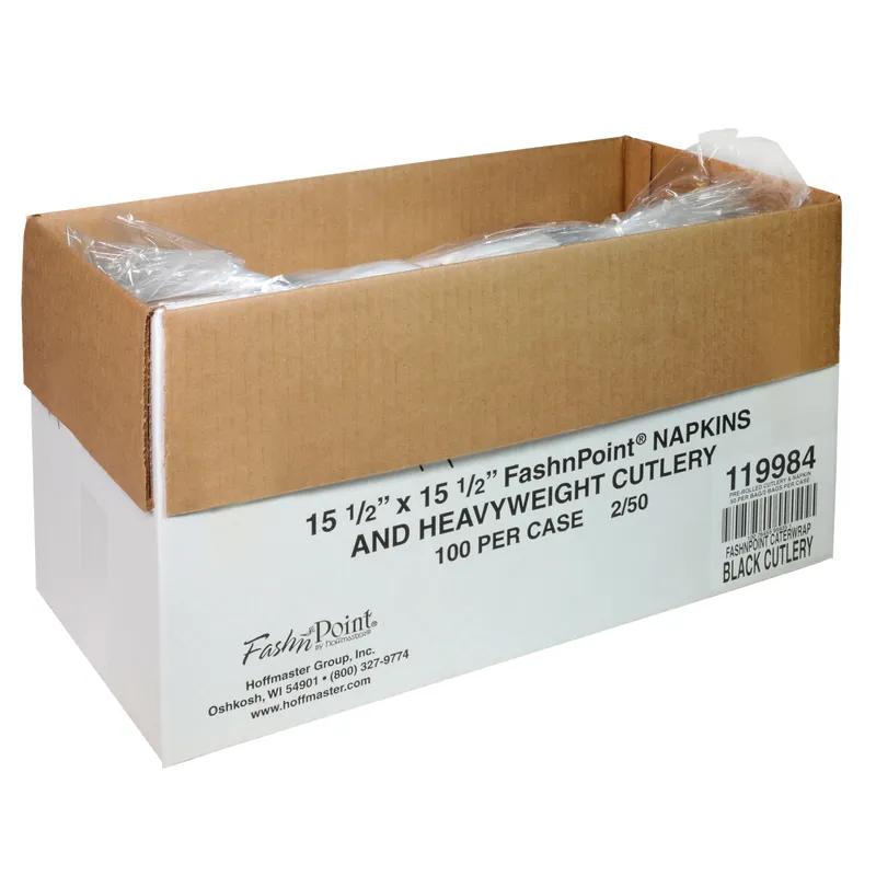 CaterWrap® FashNpoint® 4PC Cutlery Kit Plastic Black Heavy Duty Pre-Rolled With White 7.75X7.75 Napkin,Fork,Knife,Spoon 100/Case